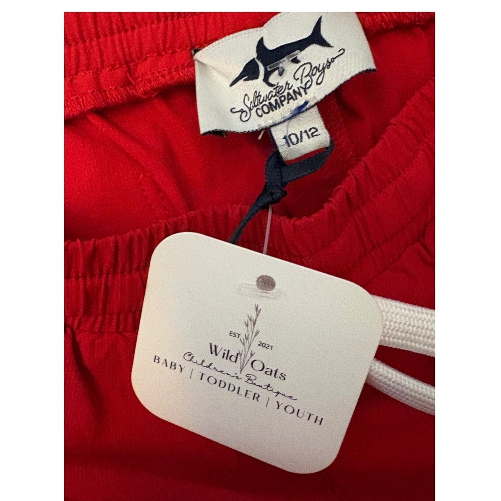Saltwater Boys Company Red Performance Shorts Kids Size 10/12 Shark Logo NWT - Picture 2 of 11